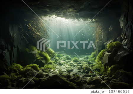 Sunlight Shining into Underwater Cave. Deep Sea, Seaweed, Rocks, Mysterious Scene 107466612