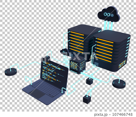 Computer technology 3D illustration. Computation of big data center. Cloud computing. Online devices upload and download information. Modern 3D illustration. 3D rendering Computer technology 3D illustration. Computation of big data center. Cloud computing. Online devices upload and download information. Modern 3D illustration. 3D rendering 107466748