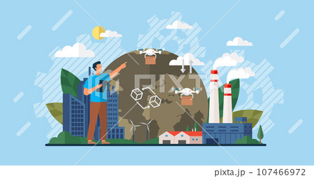 Automation business. Vector illustration. Open automation architecture, open source robotics soft, free delivery concept User connecting with delivery soft and sharing data with cyber-physical system 107466972