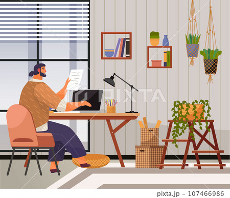 Home office. Interior vector illustration. Work from home. Well designed home office for remote work Home office provides a dedicated workspace within the comfort of home Office area is thoughtfully Home office. Interior vector illustration. Work from home. Well designed home office for remote work Home office provides a dedicated workspace within the comfort of home Office area is thoughtfully 107466986