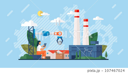 Automation business. Vector illustration. Manager engineers check and control automation robot machine in intelligent factory Artificial intelligence Industrial on real time monitoring system software 107467024