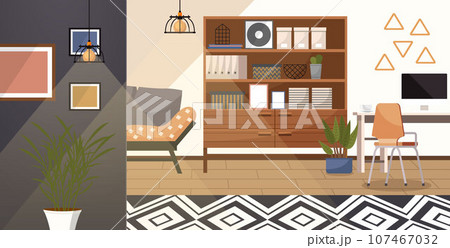 Home office. Interior vector illustration. Work from home. Room had a cozy ambiance with warm lighting and comfortable furniture Remote work offers opportunity to design personalized work environment 107467032