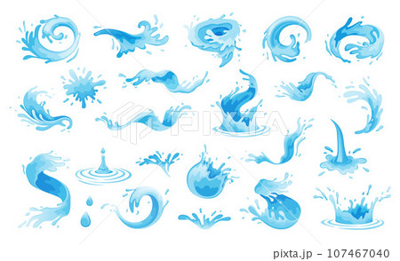 Water splashes, river splash, waves spray spill, dripping water drops. Vector illustration set. Water drop icons. Blue waves and water splashes collection white background. Liquid elements logo design Water splashes, river splash, waves spray spill, dripping water drops. Vector illustration set. Water drop icons. Blue waves and water splashes collection white background. Liquid elements logo design 107467040