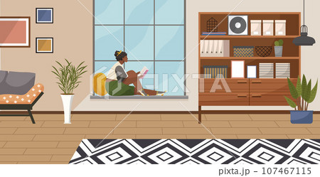 Home office. Interior vector illustration. Work from home. Flat has a minimalist interior design Organized desk to create productive workspace Room had a cozy ambiance with warm lighting Home office. Interior vector illustration. Work from home. Flat has a minimalist interior design Organized desk to create productive workspace Room had a cozy ambiance with warm lighting 107467115