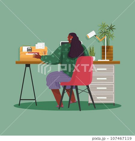 Home office interior. Vector illustration. Workplace modern interior, home or office room creation zone, working space kit with furniture Office with computer Working from home, student or freelancer Home office interior. Vector illustration. Workplace modern interior, home or office room creation zone, working space kit with furniture Office with computer Working from home, student or freelancer 107467119