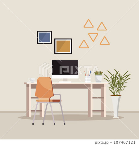 Home office. Interior vector illustration. Work from home. The interior design of the flat promotes a sense of calm and focus Office area provides ample storage for files and documents Home office is Home office. Interior vector illustration. Work from home. The interior design of the flat promotes a sense of calm and focus Office area provides ample storage for files and documents Home office is 107467121