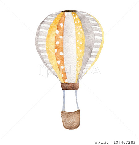 Yellow air balloon flying in the sky, polka dot pattern and retro design. watercolor illustration. 107467283