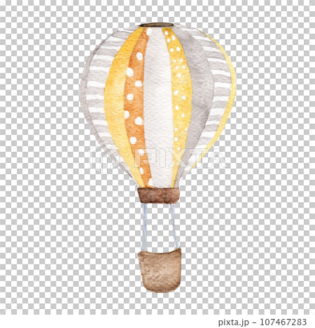 Yellow air balloon flying in the sky, polka dot pattern and retro design. watercolor illustration. Yellow air balloon flying in the sky, polka dot pattern and retro design. watercolor illustration. 107467283