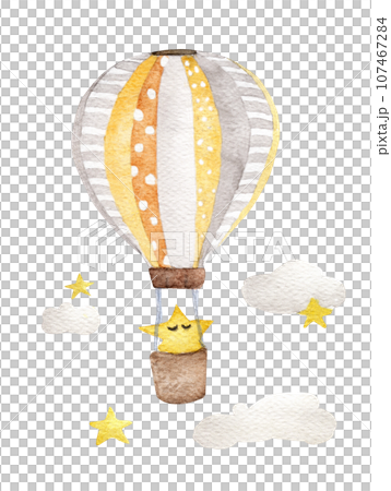 Yellow air balloon flying in the sky, polka dot pattern and retro design. watercolor illustration. Yellow air balloon flying in the sky, polka dot pattern and retro design. watercolor illustration. 107467284