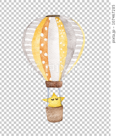 Yellow air balloon flying in the sky, polka dot pattern and retro design. watercolor illustration. Yellow air balloon flying in the sky, polka dot pattern and retro design. watercolor illustration. 107467285