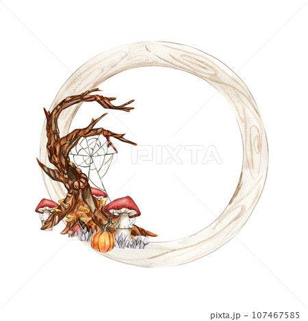 Fall wreath with orange elements. For cards, backgrounds. Watercolor illustration for scrapbooking. Perfect for wedding invitation. 107467585