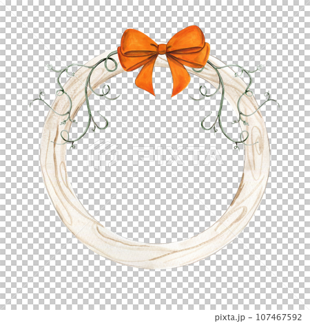 Fall wreath with orange elements. For cards, backgrounds. Watercolor illustration for scrapbooking. Perfect for wedding invitation. 107467592