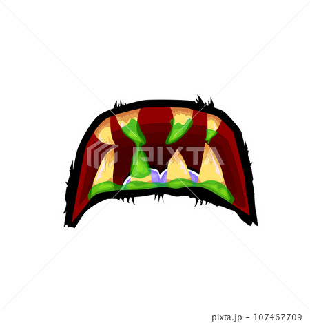 Vector cartoon funny zombie monster open mouth with drooling green slime isolated on white background. Vector Halloween greeting card with funny monster mouth. Cartoon vampire and zombie fangs 107467709