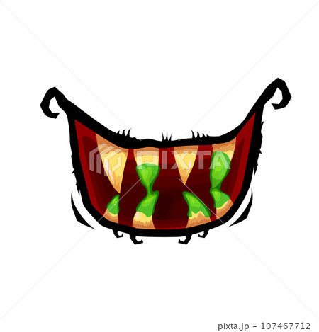 Vector cartoon funny zombie monster open mouth with drooling green slime isolated on white background. Vector Halloween greeting card with funny monster mouth. Cartoon vampire and zombie fangs 107467712