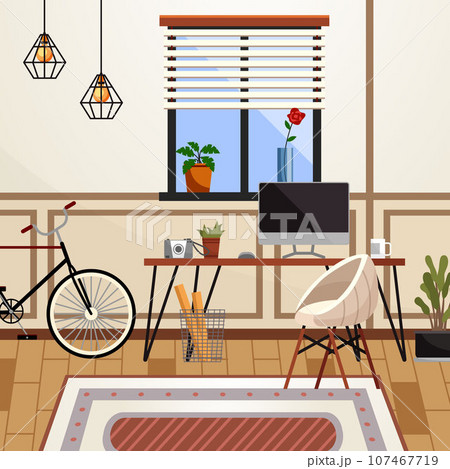 Home office interior. Vector illustration. Freelancer working from home place, convenient workplace Home office workplace Self employed concept Minimalist work space Remote working from home or any 107467719