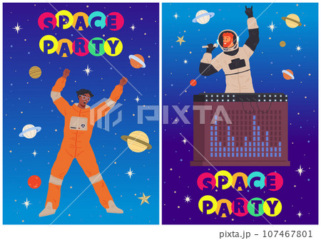 Animators birthday party in cosmic style. Theme party in costumes. Dancing people in costumes have fun at space party. Characters in self made outfits surrounded by cosmic bodies, space disco poster Animators birthday party in cosmic style. Theme party in costumes. Dancing people in costumes have fun at space party. Characters in self made outfits surrounded by cosmic bodies, space disco poster 107467801