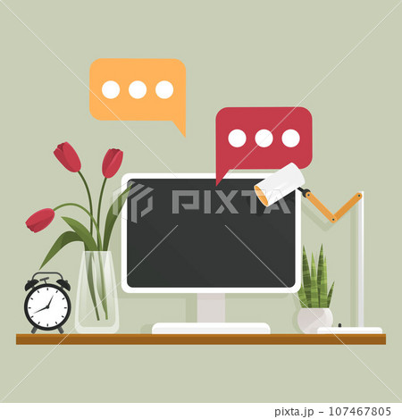 Desk with monitor and decor elements, place for work at home. Working space interior design. Workplace of employee with computer, chat bubbles icons. Desktop, screen, potted plant, vase and books 107467805