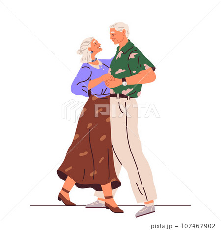 Old couple dance. Vector illustration. Grandpa does dance support, grandma. Elderly couple dancing at party. Cartoon old man and woman dancing. Happy grandmother and grandfather couples hugging 107467902