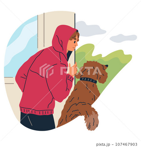 Young man and his dog spy, observing, sneaking outdoors. Guy peeping look from behind wall. Suspicious person pet owner detective peek, look out, search, eavesdrops on someone elses conversation 107467903