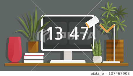 Desk with monitor and decor elements, place for work at home. Working space interior design. Workplace of employee with computer. Desktop, screen, potted plants, vase and books. Study place at table 107467908
