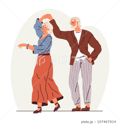 Old couple dance. Vector illustration. Funny elderly couple dancing. Elderly people romantic loving relations. Grandfather grandmother celebrating wedding anniversary. Happy old man woman embracing 107467914