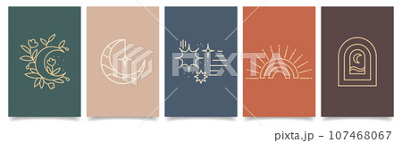 A set of esoteric mystical posters with spiritual symbols, moon, sun, stars, flowers. Templates, Tarot cards, boho style. Vector 107468067