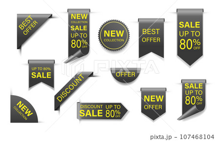 Grey 3D new collection sale tags labels ribbon and badges yellow text on white background vector 107468104