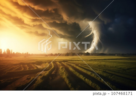 Tornado raging over a landscape. Natural disaster. 107468171