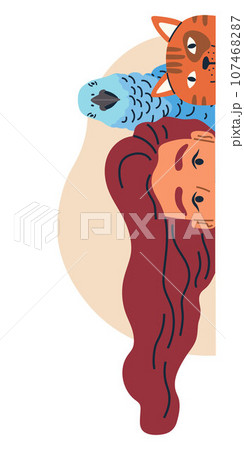 Young woman spy, observing, sneaking. Curious girl peeping look from behind wall, watching, monitoring. Suspicious female with helpers cute cat and parrot peek, looks out, searches, eavesdrops 107468287