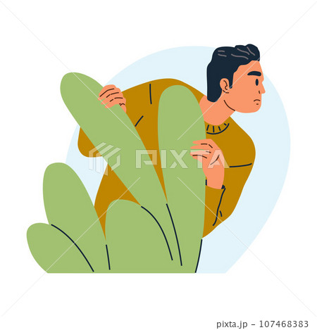 Man spying, peeping from shrub. Person hiding behind bush, sneaking, peeking, watching, looking nosy and waiting. Searching, observing, man secretly regard. Espionage, detective or secret observer 107468383