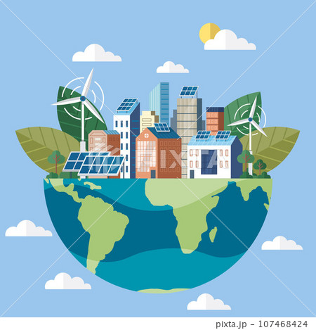 Solar panel on home roof sun system. Solar panels and wind turbines or alternative sources of energy. Eco friendly, sustainable, renewable and alternative energy. Smart grid virtual battery energy 107468424