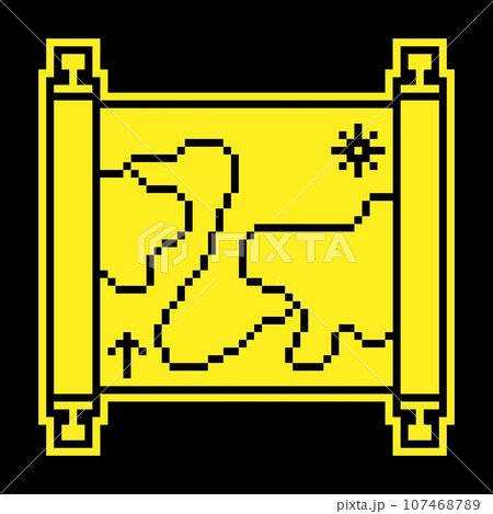 Old map Pixel silhouette icon. Papyrus paper rolled up. Medieval letters and pirate treasure maps. Simple black and yellow vector 107468789