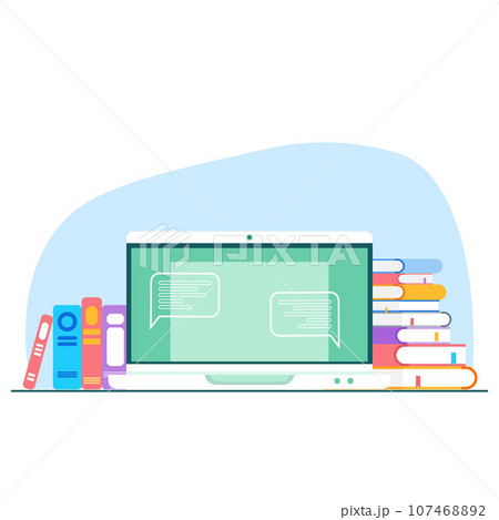 Online digital library, business course. E-book, audiobook, distance education concept laptop with literature app. Pile of books on computer screen. Mobile digital book store, learning application Online digital library, business course. E-book, audiobook, distance education concept laptop with literature app. Pile of books on computer screen. Mobile digital book store, learning application 107468892