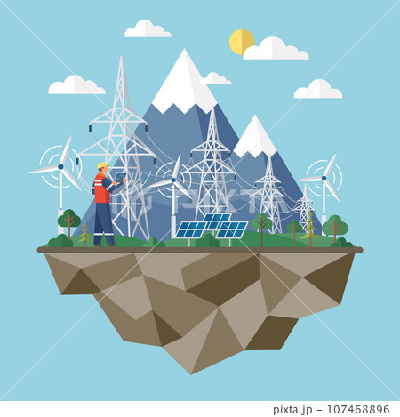 Solar cell team service installing. Green renewable energy, ecology green power. Eco suny panel renewable electricity systems. Windmill and solar panel. Solar panel plant, wind and li-ion electricity Solar cell team service installing. Green renewable energy, ecology green power. Eco suny panel renewable electricity systems. Windmill and solar panel. Solar panel plant, wind and li-ion electricity 107468896