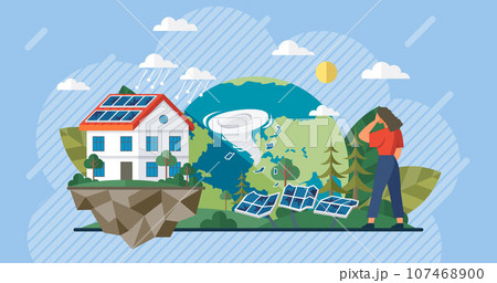 Solar panel with sun power photovoltaic PV home system renewable electric energy technology house, cell, battery, vehicle, aircraft and spacecraft. Solar panel destroyed after tornado. Climate change 107468900