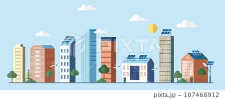 Renewable electric solar power plant station. Modern big town alternative eco green energy. Gren energy city smart power building. Solar power station building sun and urban city skyscrapers skyline 107468912