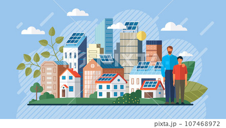 Solar panel, alternative electricity source, concept of sustainable resources. Home electricity battery energy storage system on modern house photovoltaic solar panels. Solar panels for family house 107468972