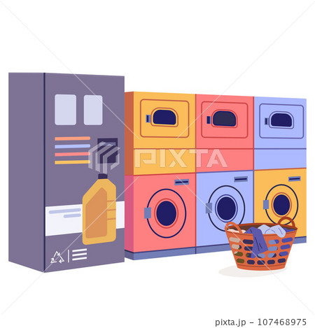 Public laundry room interior design. Empty premice of laundromat with automatic washers for cleaning, drying clothes, detergent powder box. Cleaning services. Public industrial self-service laundromat Public laundry room interior design. Empty premice of laundromat with automatic washers for cleaning, drying clothes, detergent powder box. Cleaning services. Public industrial self-service laundromat 107468975