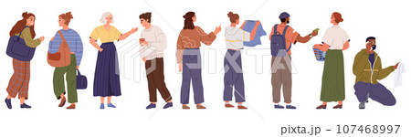 People in public laundry room washing clothes, flat vector illustration. Set of diverse characters loading dirty clothes in laundromat, holding basket of dirty laundry, talking in waiting room 107468997