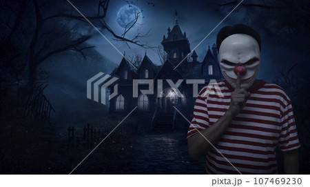 Scary evil clown showing silence sign with finger over lips, Generative AI Scary evil clown showing silence sign with finger over lips, Generative AI 107469230