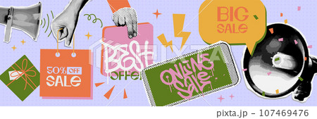 Halftone Collage elements of hands holding paper bags, sale tag, telephone with advertising mailing and megaphone decorated with abstract doodle elements. Retro Black Friday Vector design. 107469476