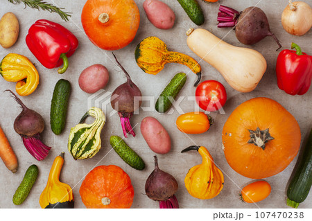 autumn flat lay on grey background with pumpkins 107470238