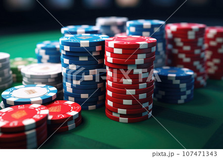 Poker chips on green felt. Gambling addiction. Generative AI Poker chips on green felt. Gambling addiction. Generative AI 107471343