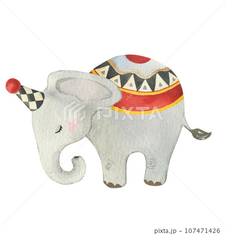 Watercolor vintage circus illustration . Hand drawn circus elephant. Kids design art decor. Hand painted illustration for nursery, invitation, posters 107471426