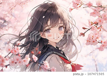 満開の桜と笑顔の女子高生のアニメ風イラスト（AI生成画像） 107471505