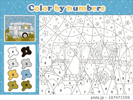 Car themed coloring page by number for kids with cute camping vehicle at night background, Car themed coloring page by number for kids with cute camping vehicle at night background, 107471509