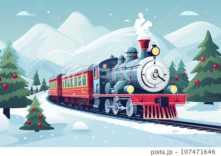 Cute Christmas Santa Claus train. Christmas lanscape. Flat vector cartoon style 107471646