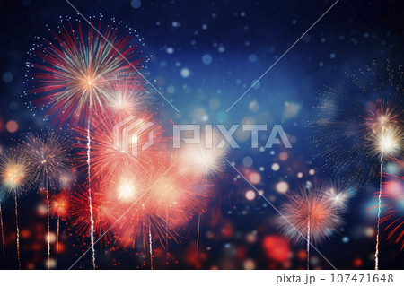 Fireworks at New Year with copy space on blue background 107471648
