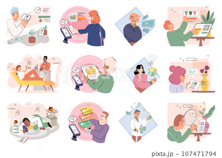 People use mobile cashless payment system or scan qr code vector set. Characters using digital banking service and transactions application for contactless pay. E-banking technology, electronic money People use mobile cashless payment system or scan qr code vector set. Characters using digital banking service and transactions application for contactless pay. E-banking technology, electronic money 107471794