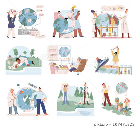 Scientist conducts research to study planet, makes experiments to determine level, state and degree of environmental problems. Studying plant and water, examining biological species vector set 107471825